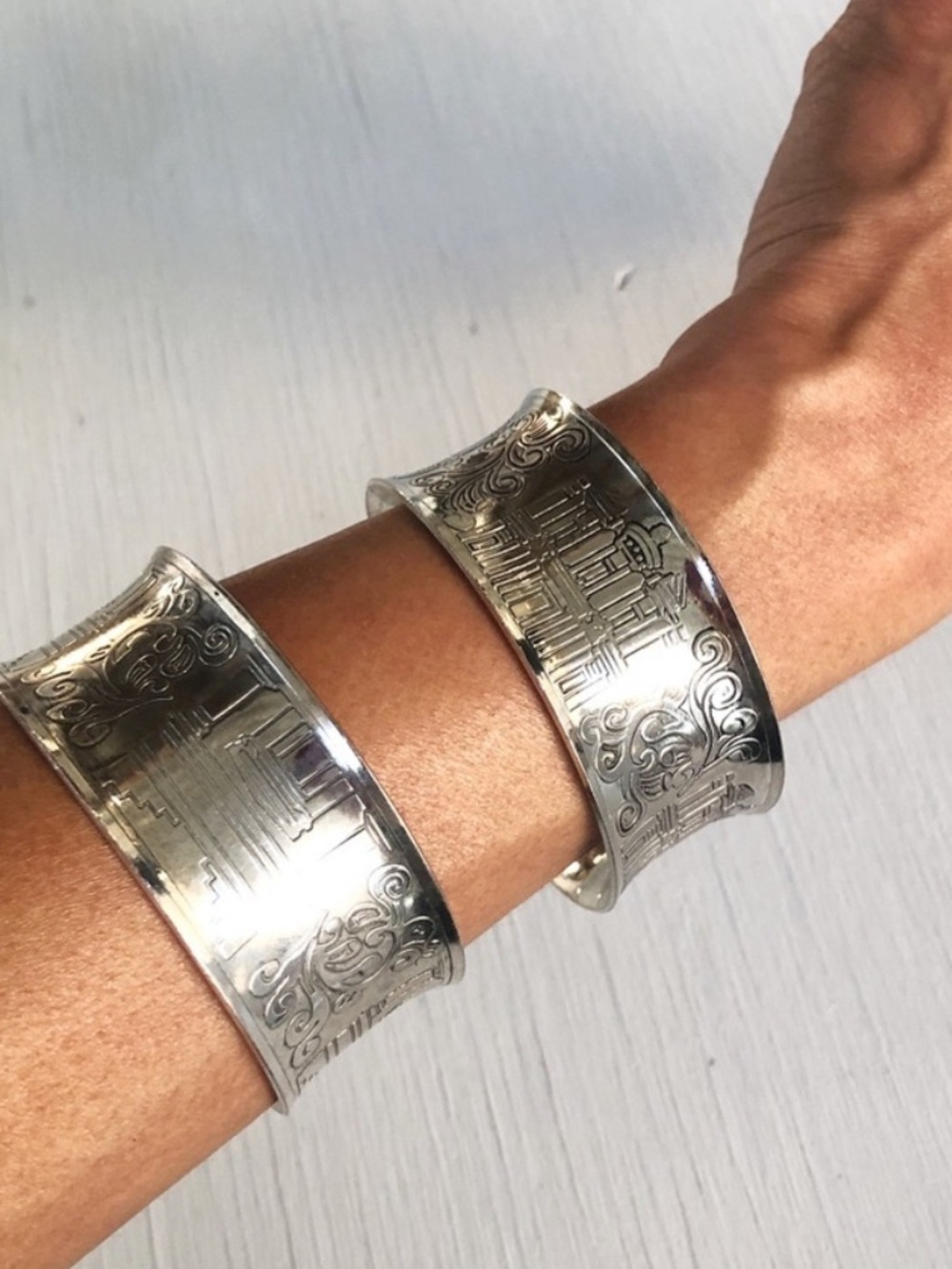 Vintage Jordan Petra Silver-Tone Engraved Chunky Cuff Bracelet- One